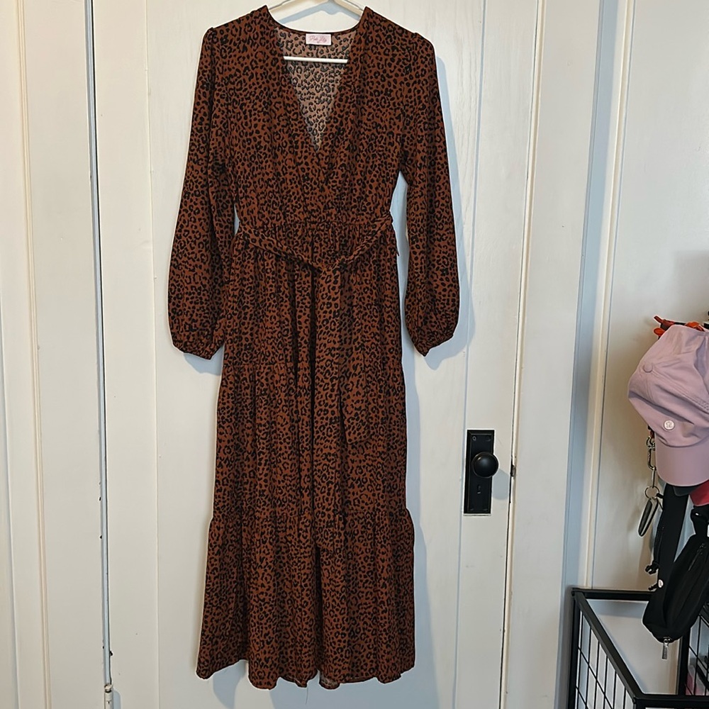 Burnt orange cheetah print floor length long sleeve dress!